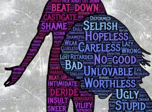 Dealing with criticism; a creative picture of negative thoughts written over peoples bodies